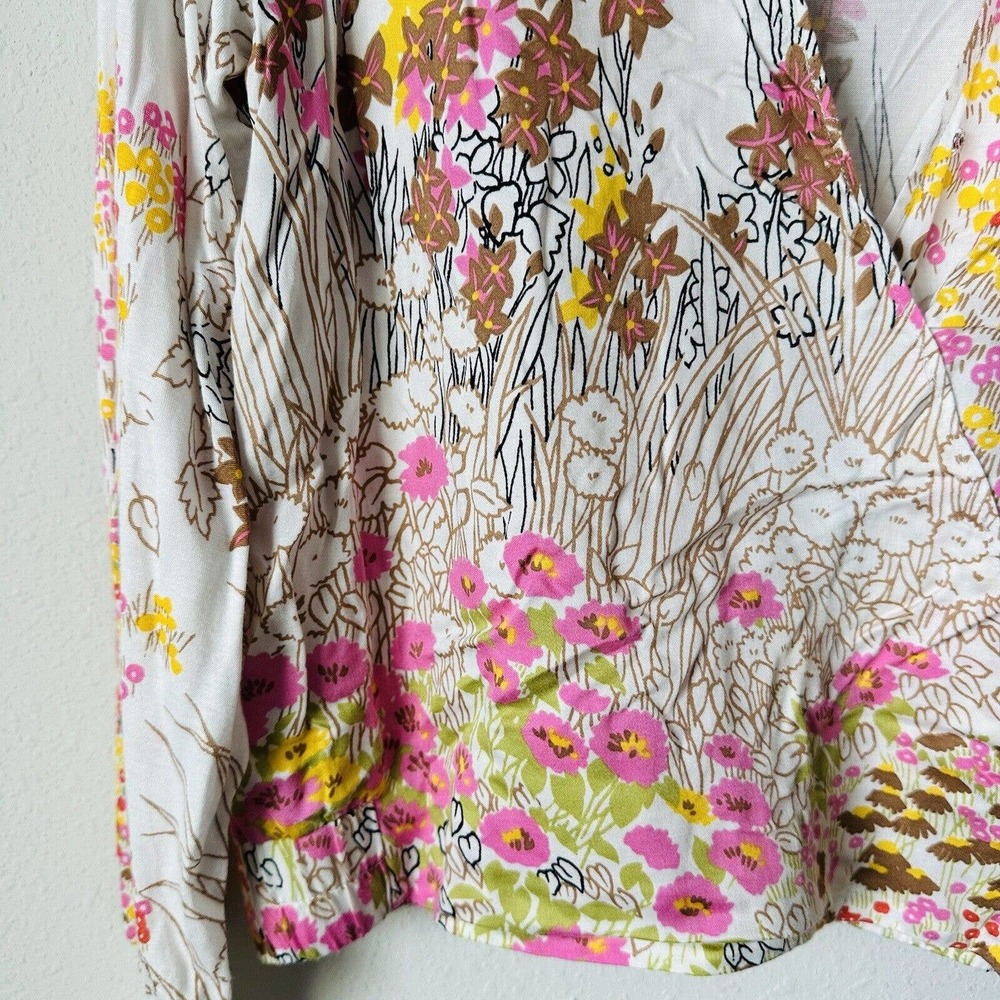 Tiny Floral Faux Wrap Long Sleeve Cinch Waist Blouse Sz M - Picture 2 of 5